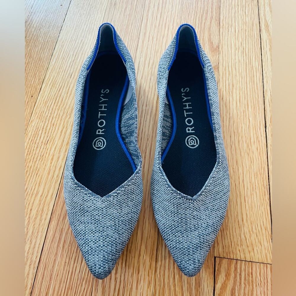 Rothy's Pointed Toe Flats in Heathered Gray with Navy Trim